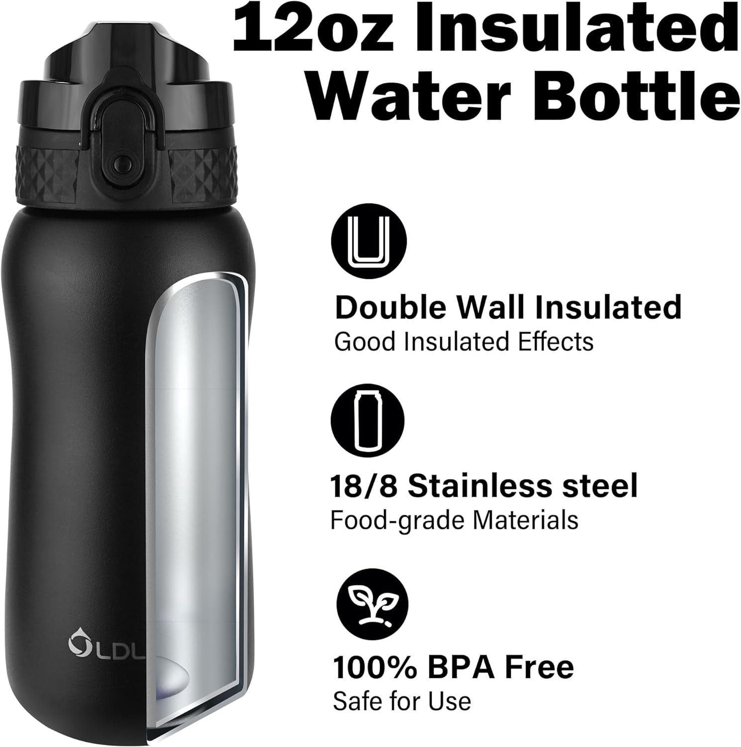 Insulated Water Bottle 12Oz Water Bottles with Straw, Stainless Steel Water Bottle with 2 Lids, Double Wall Vacuum Bottels for Adults Kids, Leak-Proof Sport Bottles for School Travel, Black