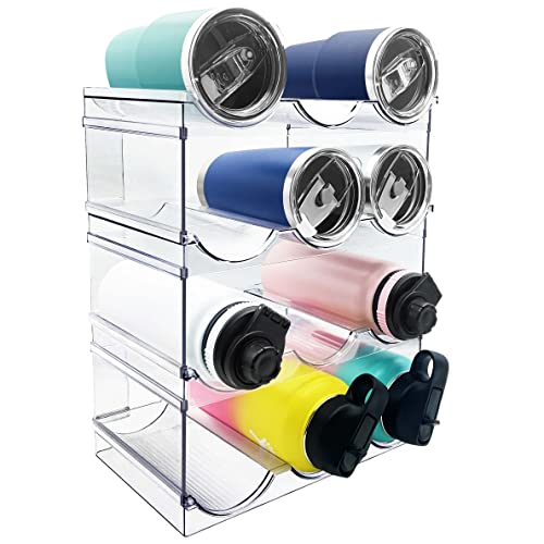 Spaclear 4 Pack Water Bottle Organizer, Stackable Kitchen Pantry Organization and Storage Shelf, Plastic Bottle Holder for Fridge Kitchen Cabinet Organizer and Storage, Tumbler Mug Cup Organizer - TECH W/ TERRY