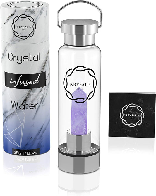 | Premium Crystal Water Bottle - Antishock+ Glass & Stainless Steel Bottles - Gem Infused Elixir - Natural Wellness Unique Gift, BPA Free and Eco Friendly - Leakproof & Changeable (Amethyst)