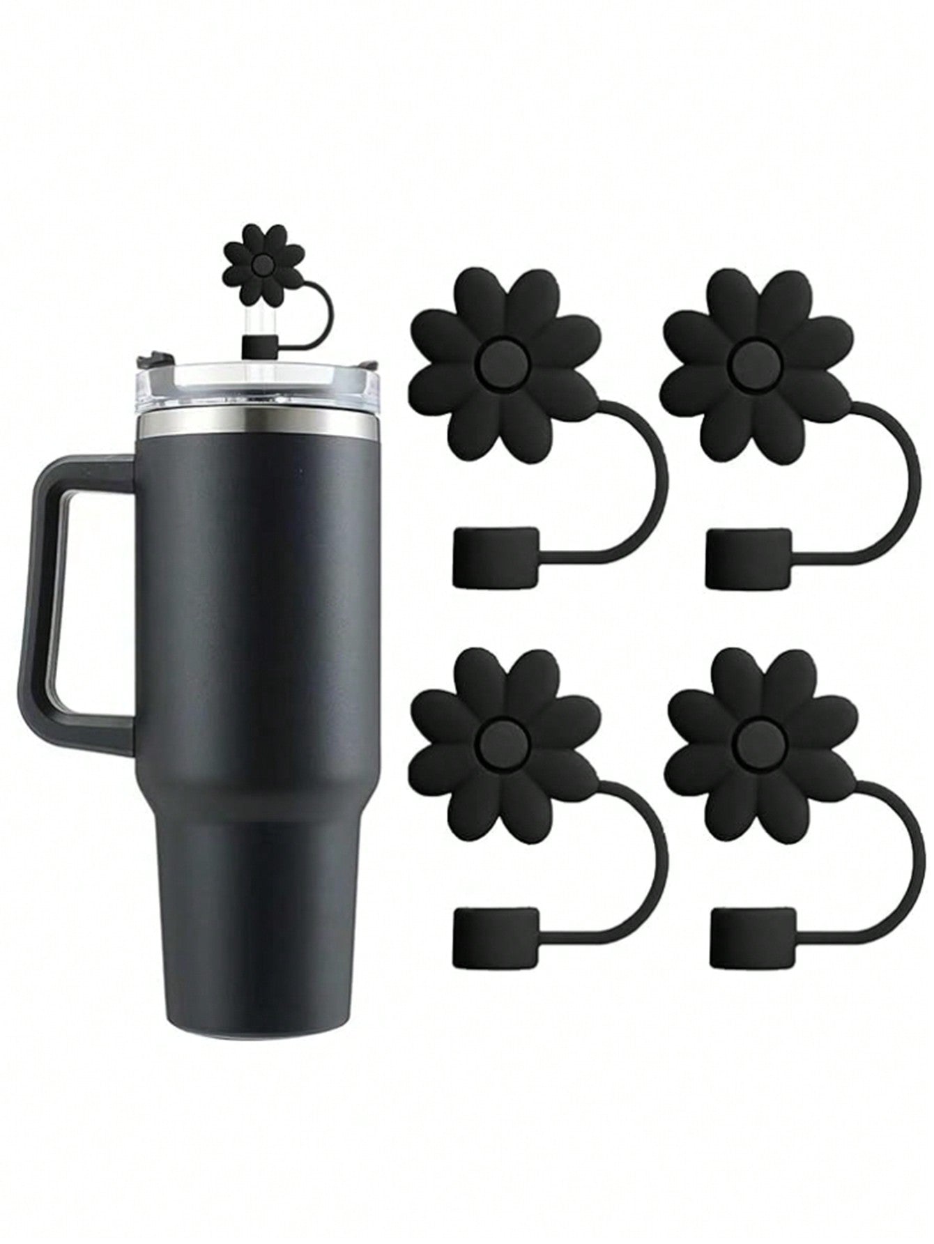 Flower Straw Covers Toppers for Tumbler Cups 30&40 Oz Tumbler Accessories 4PCS Silicone Straw Caps Reusable Straw Tips Protectors for Tumbler Cup 10Mm 0.4In Straws,Black