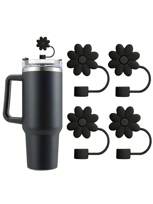 Flower Straw Covers Toppers for Tumbler Cups 30&40 Oz Tumbler Accessories 4PCS Silicone Straw Caps Reusable Straw Tips Protectors for Tumbler Cup 10Mm 0.4In Straws,Black