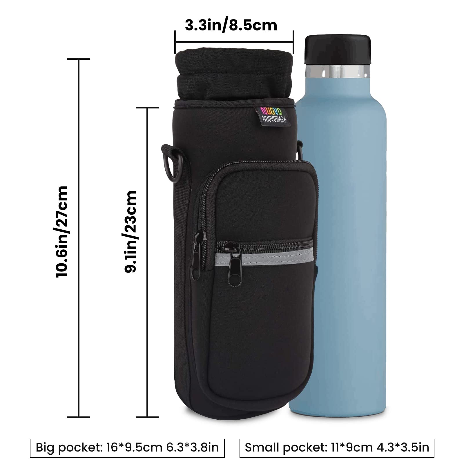 Nuovoware Water Bottle Carrier Bag, 25oz/32oz Bottle Pouch Holder, Adjustable Shoulder Hand Strap 2 Pocket Sling Neoprene Sleeve Sports Water Bottle Accessories for Men/Women Hiking Travelling, Black - TECH W/ TERRY