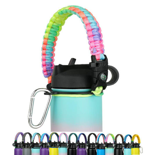 Paracord Handle - Fits Wide Mouth Bottles 12oz to 64oz - Durable Carrier, Paracord Carrier Strap Cord with Safety Ring,Compass and Carabiner - Ideal Water Bottle Handle Strap (Rainbow) - TECH W/ TERRY