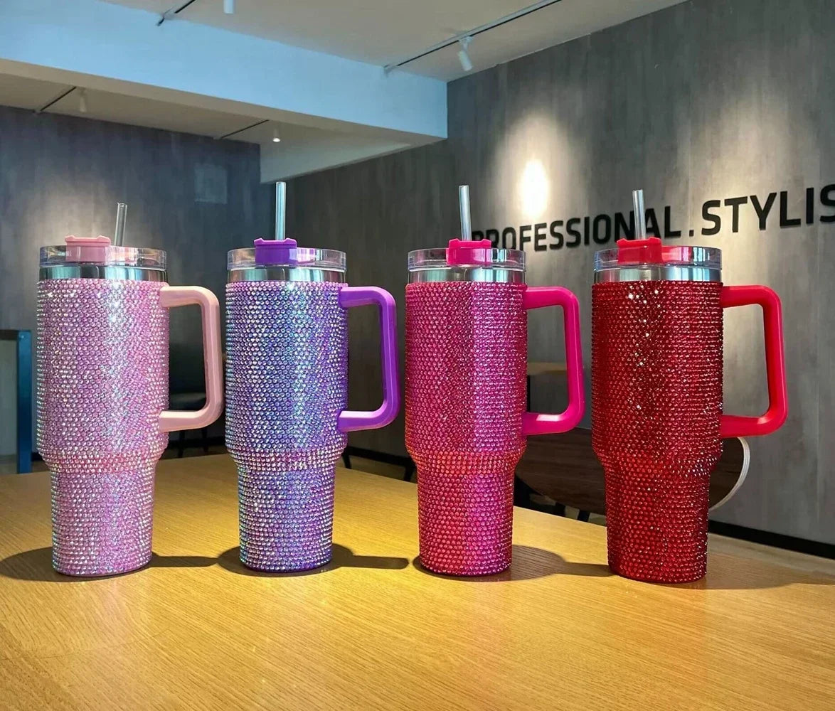 40Oz Diamond Mug Tumbler with Handle Insulated Tumbler with Lids Straw Stainless Steel Coffee Termos Cups Tumbler Heat Press