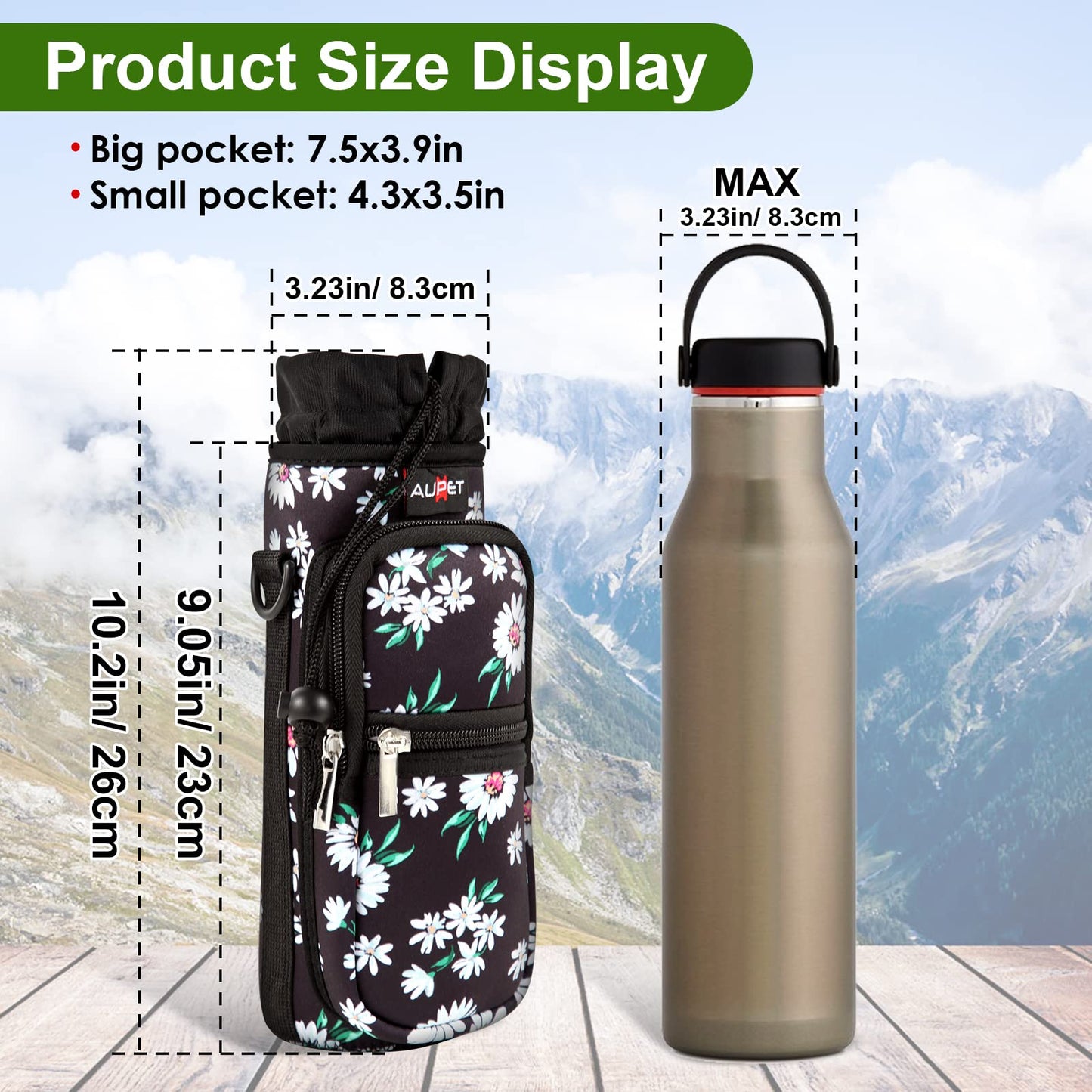 AUPET Water Bottle Sling Bag Sleeve Holder Carrier 25/32/40/64 oz,Insulated Crossbody Water Bottle Case Cover with Strap and Pockets for Men/Women Walking Hiking Camping (25oz, white flowers) - TECH W/ TERRY