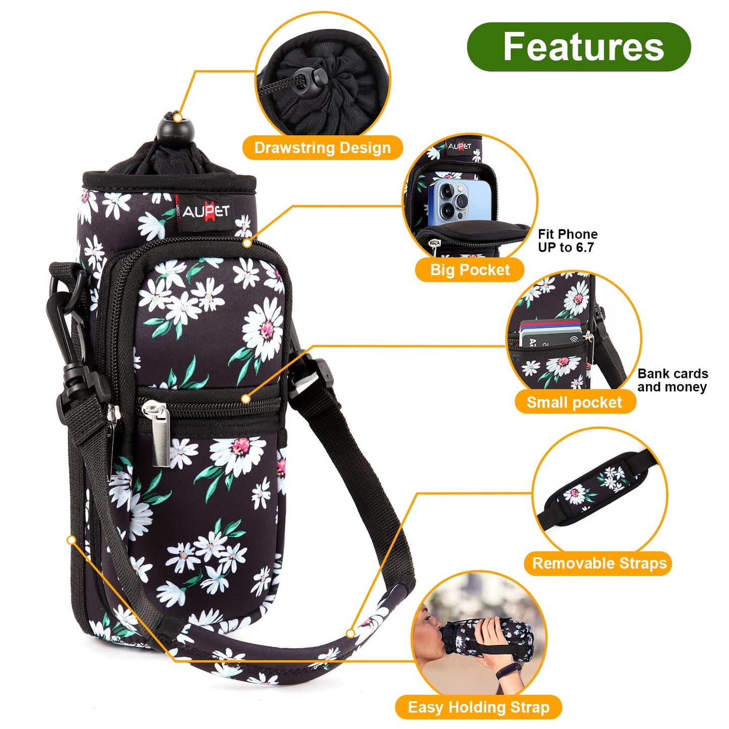 AUPET Water Bottle Sling Bag Sleeve Holder Carrier 25/32/40/64 oz,Insulated Crossbody Water Bottle Case Cover with Strap and Pockets for Men/Women Walking Hiking Camping (25oz, white flowers) - TECH W/ TERRY