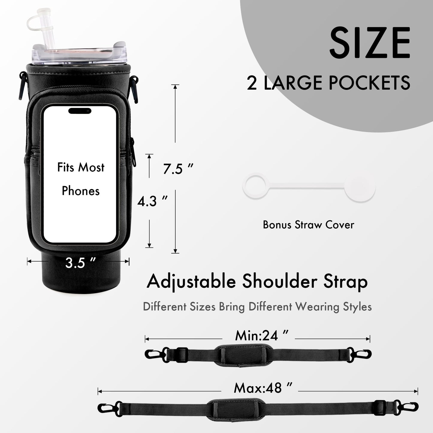 JEBEALUO Water Bottle Carrier Bag with Phone Pocket for Stanley Cup 40/30 oz, Water Bottle Holder with Adjustable Strap& Straw Cover, Stanley Cup Accessories (Black) - TECH W/ TERRY