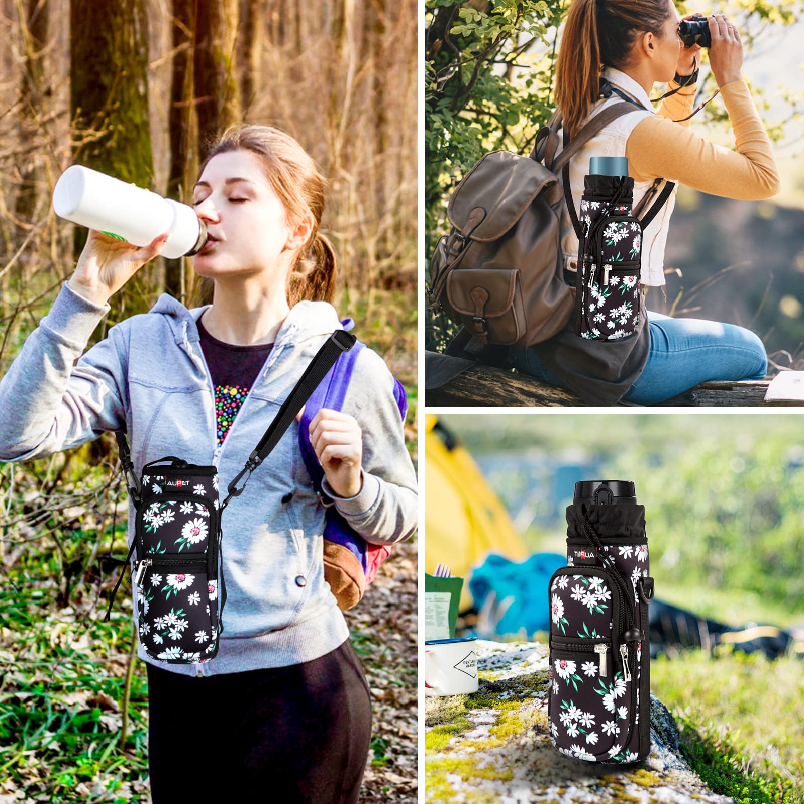 AUPET Water Bottle Sling Bag Sleeve Holder Carrier 25/32/40/64 oz,Insulated Crossbody Water Bottle Case Cover with Strap and Pockets for Men/Women Walking Hiking Camping (25oz, white flowers) - TECH W/ TERRY