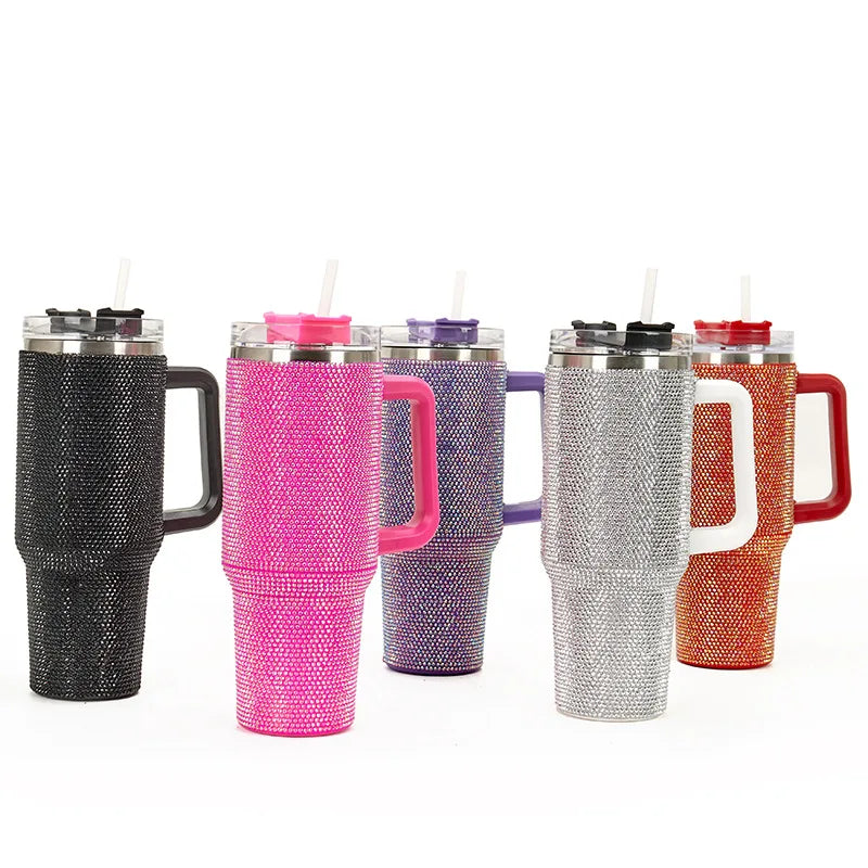 1200ML 40Oz Diamond Mug Tumbler with Handle Insulated Tumbler with Lids Straw Stainless Steel Coffee Tumbler Termos Cup2023