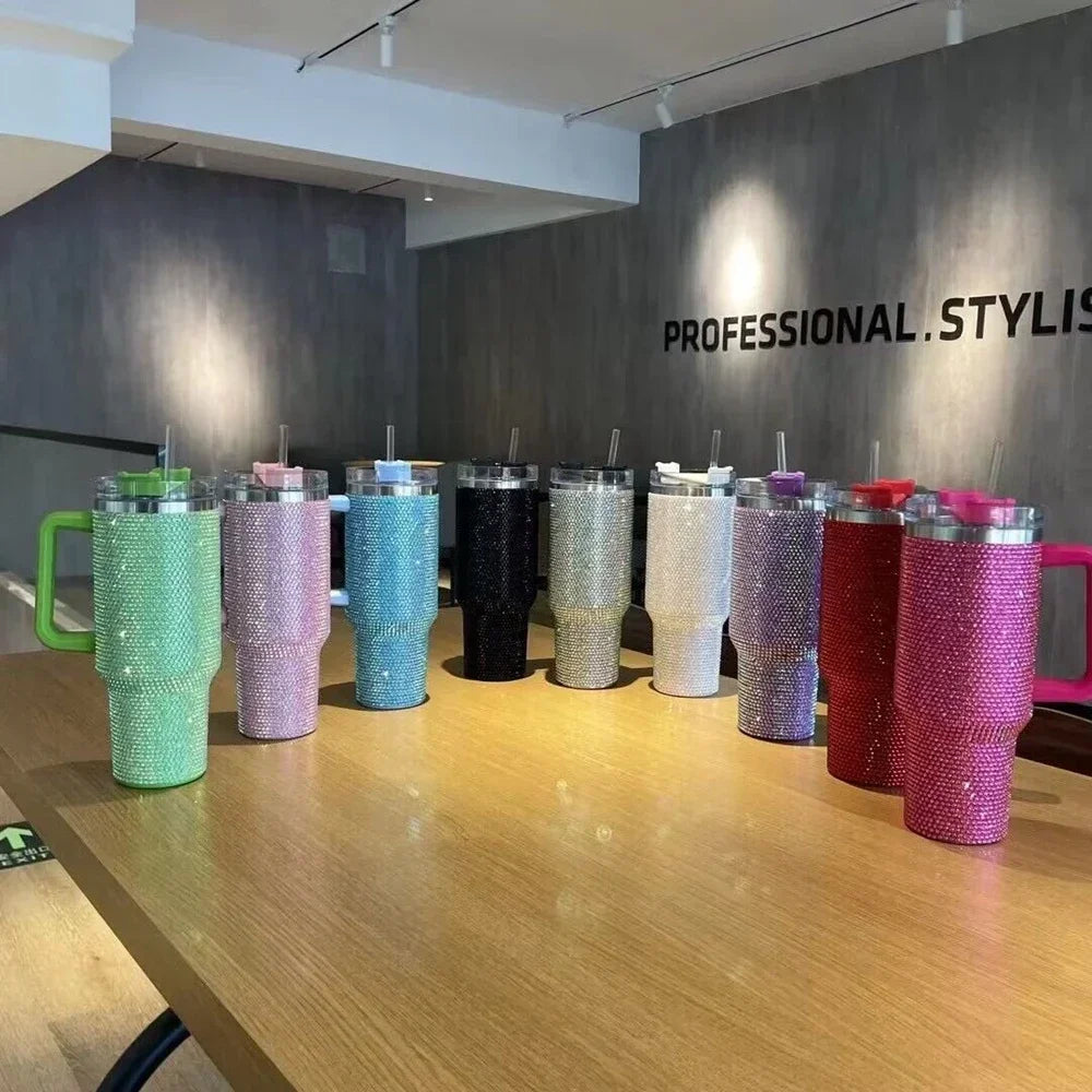 40Oz Diamond Mug Tumbler with Handle Insulated Tumbler with Lids Straw Stainless Steel Coffee Termos Cups Tumbler Heat Press