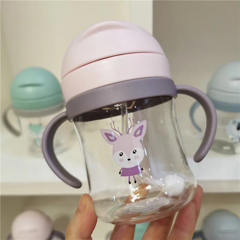 Kids Children Cartoon Animal School Drinking Water Straw Bottle Gravity Ball Straw Baby Cup with Shoulder Strap Water Bottle - TECH W/ TERRY