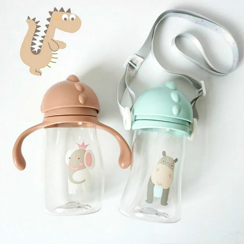 Kids Children Cartoon Animal School Drinking Water Straw Bottle Gravity Ball Straw Baby Cup with Shoulder Strap Water Bottle - TECH W/ TERRY