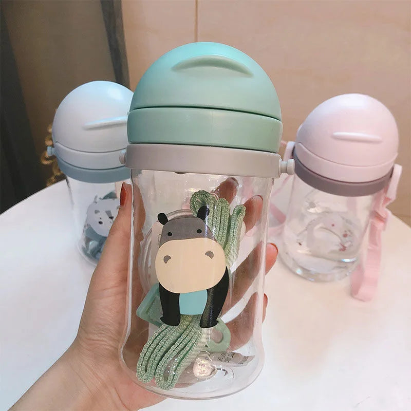 Kids Children Cartoon Animal School Drinking Water Straw Bottle Gravity Ball Straw Baby Cup with Shoulder Strap Water Bottle - TECH W/ TERRY