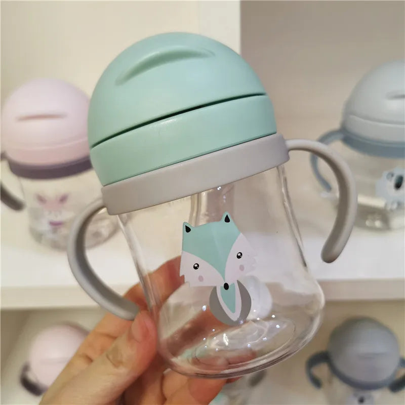 Kids Children Cartoon Animal School Drinking Water Straw Bottle Gravity Ball Straw Baby Cup with Shoulder Strap Water Bottle - TECH W/ TERRY