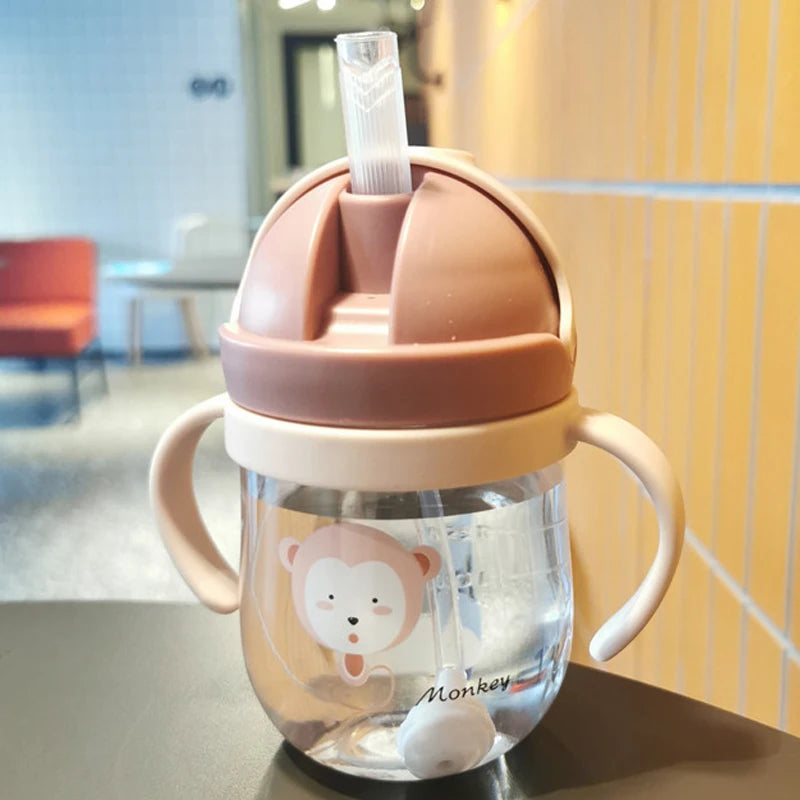 Kids Children Cartoon Animal School Drinking Water Straw Bottle Gravity Ball Straw Baby Cup with Shoulder Strap Water Bottle - TECH W/ TERRY