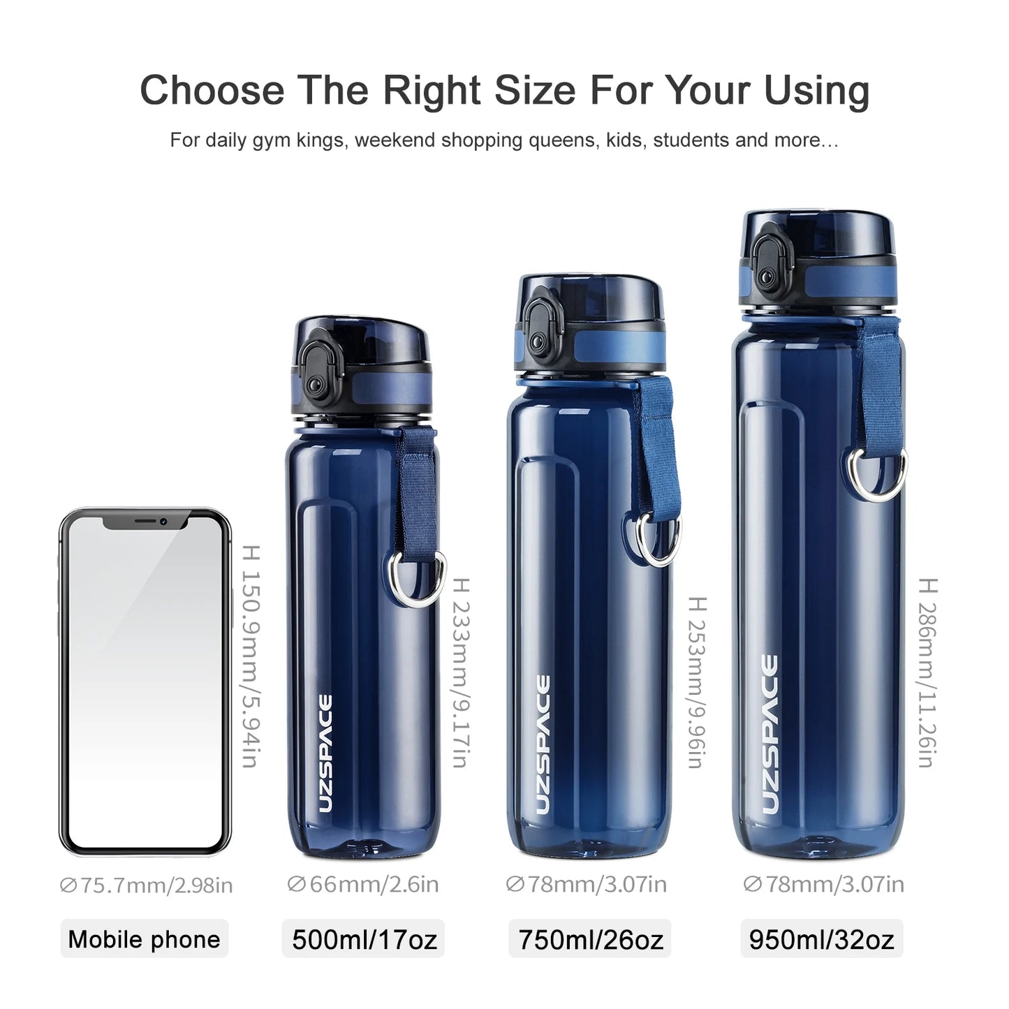 UZSPACE Sport Water Bottle BPA Free Portable Leakproof Shaker Plastic Bottle EcoFriendly Outdoor Trave Drinkware 350/500/1000ml - TECH W/ TERRY