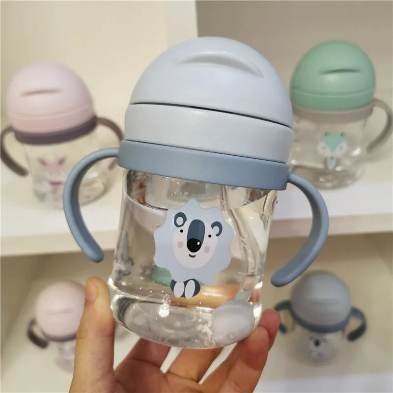 Kids Children Cartoon Animal School Drinking Water Straw Bottle Gravity Ball Straw Baby Cup with Shoulder Strap Water Bottle - TECH W/ TERRY