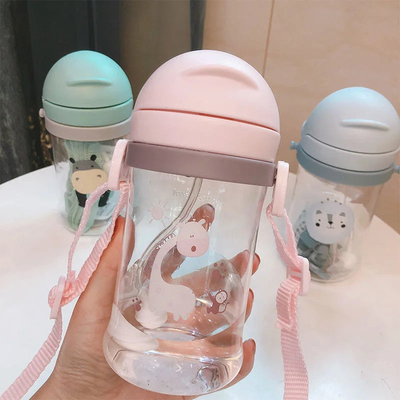 Kids Children Cartoon Animal School Drinking Water Straw Bottle Gravity Ball Straw Baby Cup with Shoulder Strap Water Bottle - TECH W/ TERRY