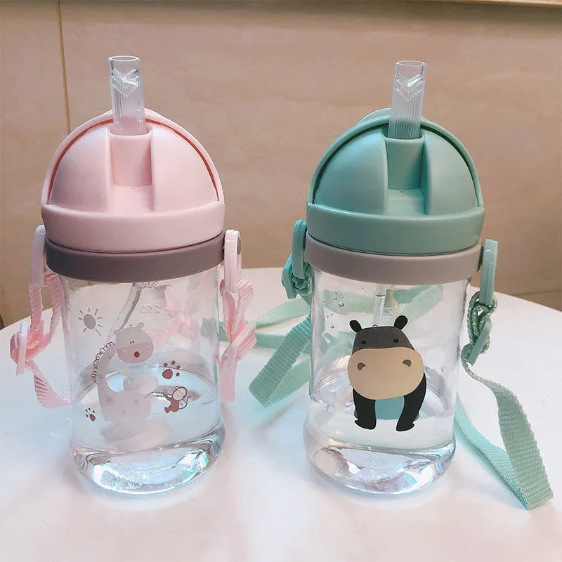 Kids Children Cartoon Animal School Drinking Water Straw Bottle Gravity Ball Straw Baby Cup with Shoulder Strap Water Bottle - TECH W/ TERRY