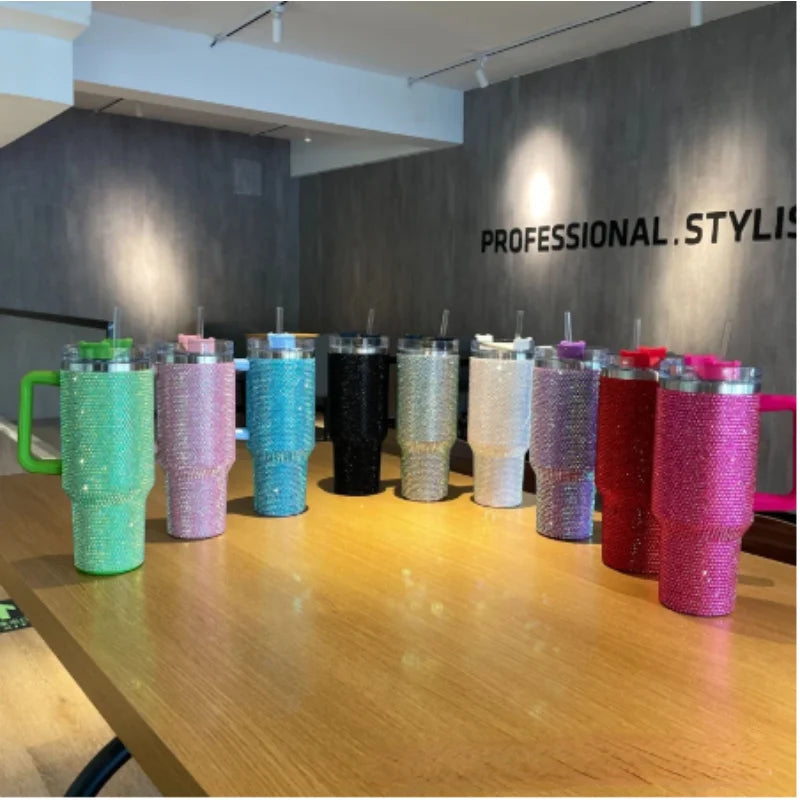 1200ML 40Oz Diamond Mug Tumbler with Handle Insulated Tumbler with Lids Straw Stainless Steel Coffee Tumbler Termos Cup2023