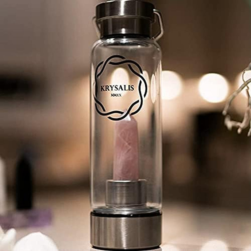 | Premium Crystal Water Bottle - Antishock+ Glass & Stainless Steel Bottles - Gem Infused Elixir - Natural Wellness Unique Gift, BPA Free and Eco Friendly - Leakproof & Changeable (Amethyst)