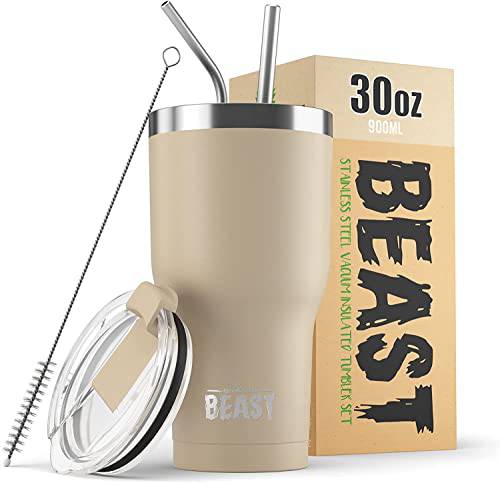Beast 30 oz Tumbler Stainless Steel Vacuum Insulated Coffee Ice Cup Double Wall Travel Flask (Sand) - TECH W/ TERRY