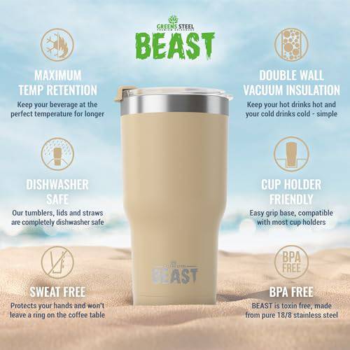 Beast 30 oz Tumbler Stainless Steel Vacuum Insulated Coffee Ice Cup Double Wall Travel Flask (Sand) - TECH W/ TERRY