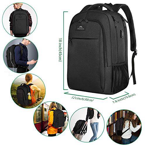 MATEIN Business Laptop Backpack, 15.6 Inch Travel Laptop Bag Rucksack with USB Charging Port, Water-Resistant Bag Daypack for Work College Computer Men Women Backpack, Black - TECH W/ TERRY