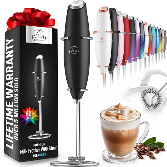 Zulay Kitchen Powerful Milk Frother Handheld Foam Maker for Lattes - Whisk Drink Mixer for Coffee, Mini Foamer for Cappuccino, Frappe, Matcha, Hot Chocolate & Coffee Creamer by Milk Boss (Black) - TECH W/ TERRY